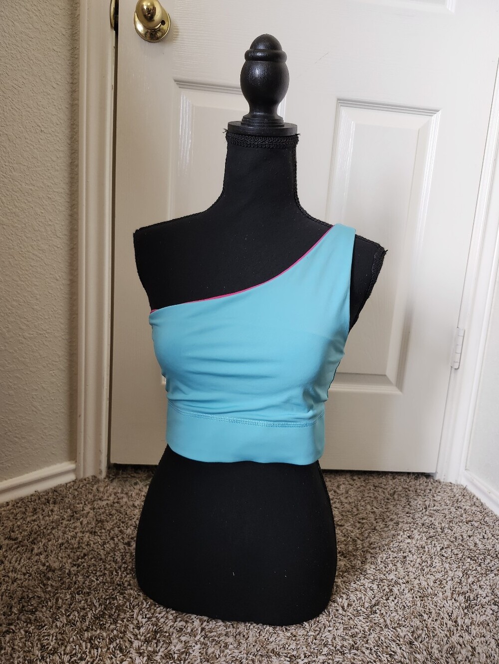 Fabletics One-Shoulder Aqua Sports Bra with Pink Trim
